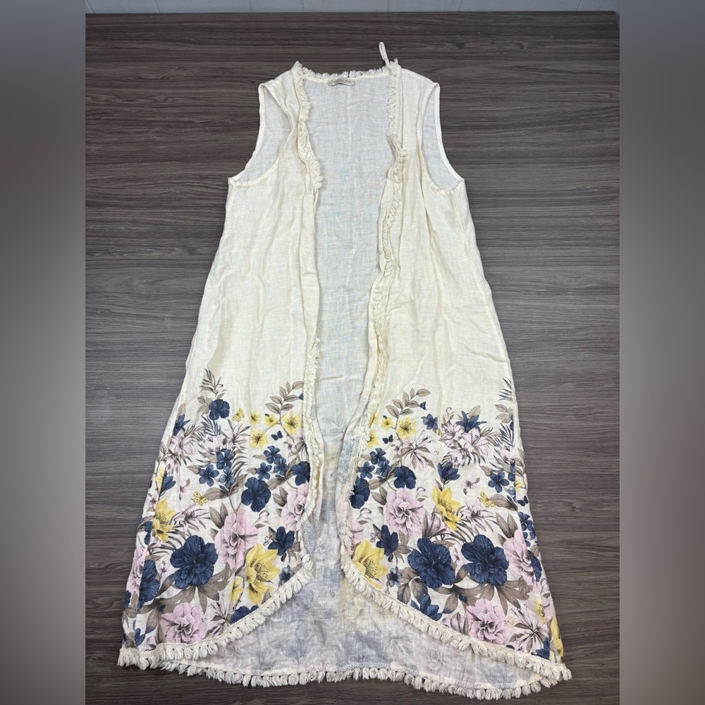 Francesca Bettini Women's Ivory  Linen Cardigan Long Floral Sleeveless One Size